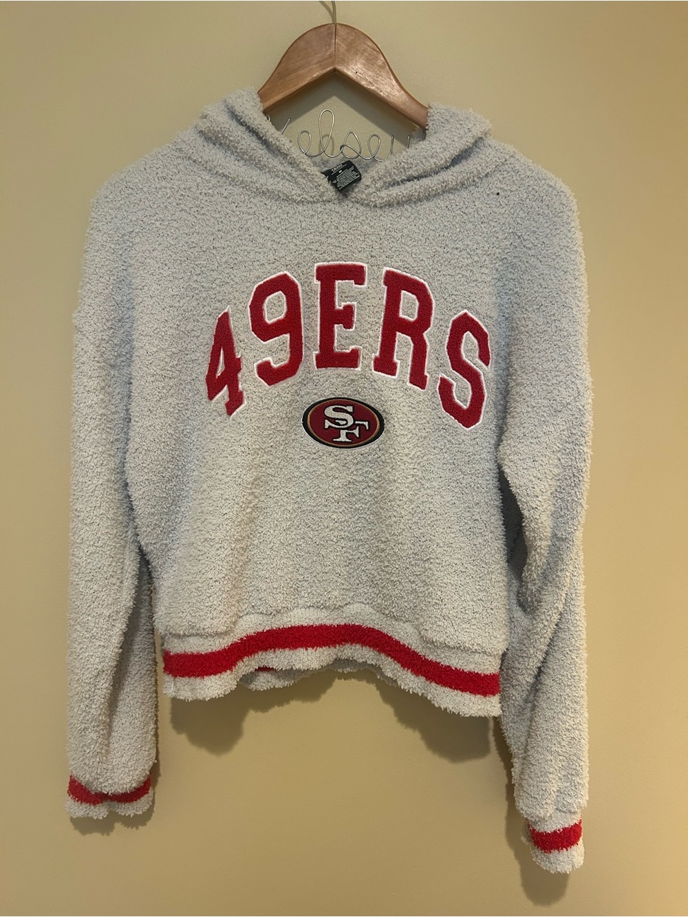 NFL 49ERS Logo Women's Cream Plush Hoodie Sweater with Red Size M